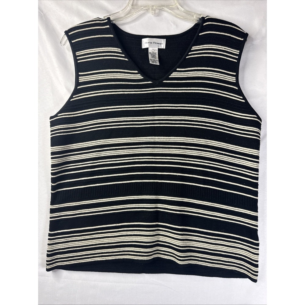 Rena Rowan Vest Womens Sleeveless Striped Black Beige V Neck Acrylic Cotton